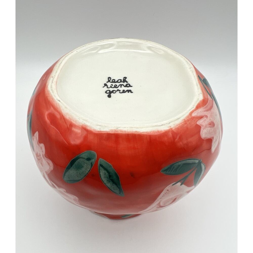 Anthropologie Red Floral Ceramic Vase with Green Leaves - Picture 7 of 8